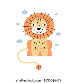 Cute cartoon lion with small clouds print