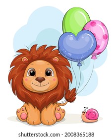 Cute cartoon lion with snail and balloons. Vector illustration with an animal.