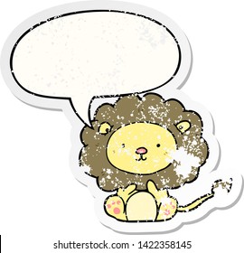 cute cartoon lion with speech bubble distressed distressed old sticker
