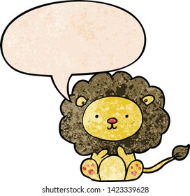 león lindo de dibujos animados con burbuja de voz en estilo de textura retro