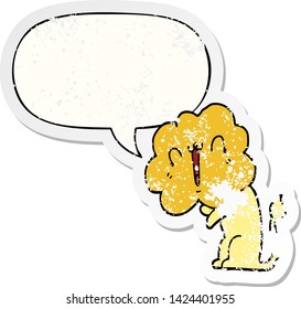 cute cartoon lion with speech bubble distressed distressed old sticker