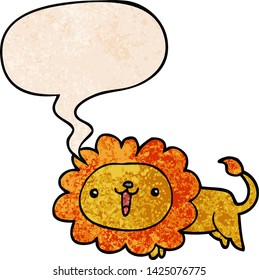 cute cartoon lion with speech bubble in retro texture style