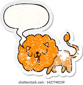 cute cartoon lion with speech bubble distressed distressed old sticker