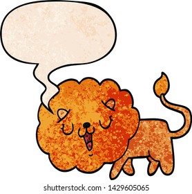 león lindo de dibujos animados con burbuja de voz en estilo de textura retro