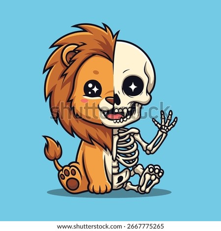A cute cartoon lion is split in half, with one side being a fluffy, adorable cub and the other a waving skeleton. This unique design blends cute and creepy aesthetics. Vector Illustration