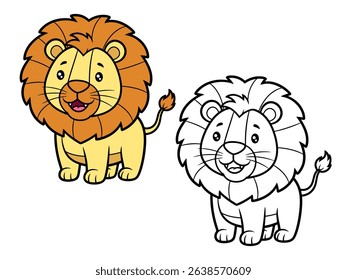 Cute cartoon lion standing with a friendly expression. Includes a colored version and a black and white outline, ideal for children's coloring pages.
