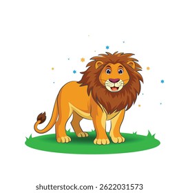 A cute cartoon lion standing on grass with big adorable eyes looking playful and friendly in a colorful illustrated style
