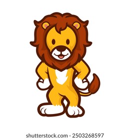 Cute cartoon lion standing and smiling. Adorable character design for children.