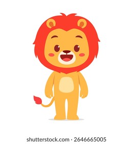 Cute Cartoon Lion Standing Upright with a Friendly Expression, Vector Illustration