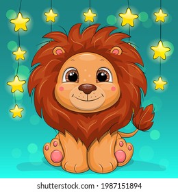 Cute cartoon lion with star light garland behind. Vector illustration of an animal on a background of aquamarine.