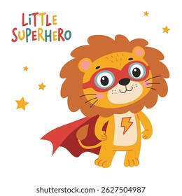 Cute Cartoon Lion in Superhero Costume. Children's illustration on a white background
