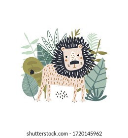 Cute cartoon lion surrounded by tropical plants, branches. Lion in the Jungle. Childish print for nursery, kids apparel,poster, postcard. Vector Illustration