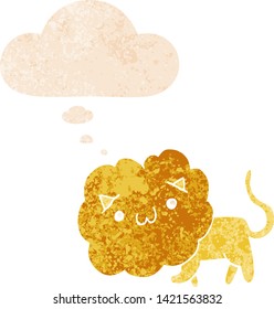 lindo león de dibujos animados con burbuja de pensamiento en un estilo retro angustiado estilo retro texturizado