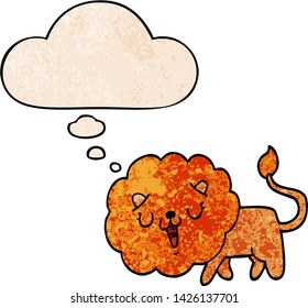 cute cartoon lion with thought bubble in grunge texture style