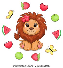 Cute cartoon lion with a tropical flower in a fruit frame. Summer vector illustration of an animal with watermelons, red hearts, green apples, strawberries and yellow butterflies on a white background