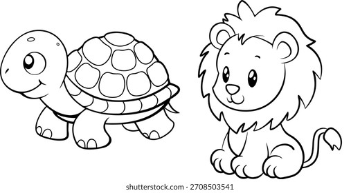 Süße Cartoon Löwe und Schildkröte Tiere Illustration Malvorlage Zeichnung