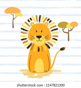 Cute cartoon lion vector illustration.