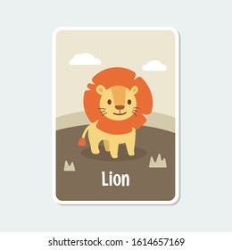 Cute cartoon lion vector illustration with background, simple flat design template.