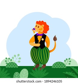 Cute cartoon lion in vest and trousers. Bright colors.