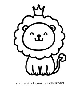 cute cartoon lion wearing crown wild animal doodle hand drawn vector illustration template design