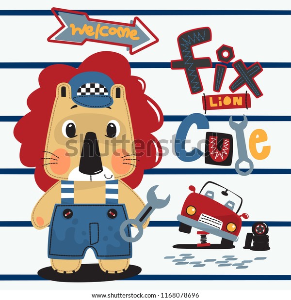 Cute cartoon lion wearing hat and overalls holding\
wrench on striped background illustration vector, T-shirt design\
for kids.
