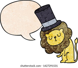 cute cartoon lion wearing top hat with speech bubble in retro texture style