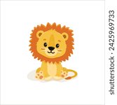 Cute cartoon lion. Wild adorable character. Lovely mammal sitting isolated. Vector illustration