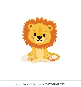 Cute cartoon lion. Wild adorable character. Lovely mammal sitting isolated. Vector illustration