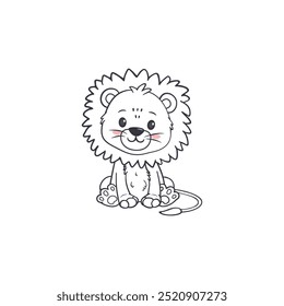 Cute cartoon lion. Wild adorable character. Lovely mammal sitting isolated. Animal in doodle style. Vector illustration