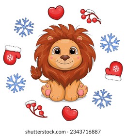 Cute cartoon lion in a winter frame. Vector illustration of an animal with hearts, mittens, berries, snowflakes on a white background.