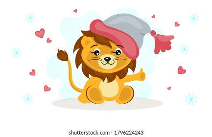 Cute cartoon lion in winter hat, 
shows Thumb Up
Vector isolated.