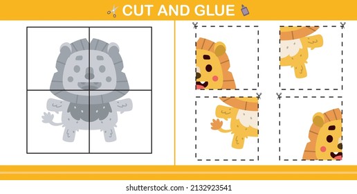 cute cartoon lion.education paper game for kindergarten and preschool.cut and glue game for kids