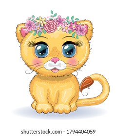 Cute cartoon lioness with big eyes in a bright children's style among flowers, hearts, wreaths