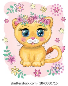 Cute cartoon lioness with big eyes in a bright children's style among flowers, hearts, wreaths