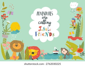 Cute Cartoon Lions With Crocodile and Monkey in Flowers Frame. Vector Illustration