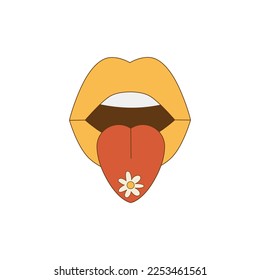 Cute cartoon lips with tongue abd daisy. Lips in trendy retro 60s, 70 style.Vector illustration