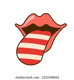 Cute cartoon lips with tongue in color of Christmas candy in retro style isolated on white background.