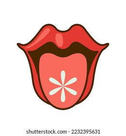 Cute cartoon lips with tongue in retro style isolated on white background. Groovy hippie element. Vector illustration.