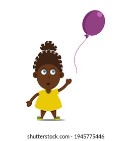 Cute cartoon little afro american girl in yellow dress with curly black hair. Kid character isolated on white background. Amazement children with fly air balloon. Vector illustration