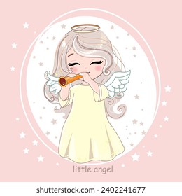 Cute cartoon little angel girl plays the flute. Vector illustration for kids. New born