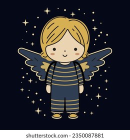 Cute Cartoon Little Angel on a dark background with golden starry elements
