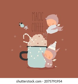 Cute Cartoon Little Angels making Magic Christmas Coffee