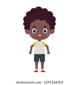 Cute cartoon little angry african boy. Little schoolboy character. Vector illustration.