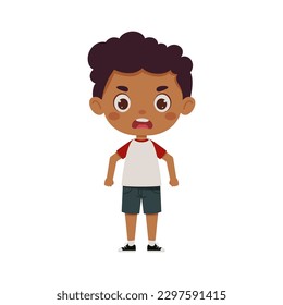 Cute cartoon little angry boy. Little schoolboy character. Vector illustration.