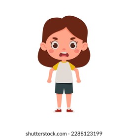 Cute cartoon little angry girl. Little schoolgirl character. Vector illustration.