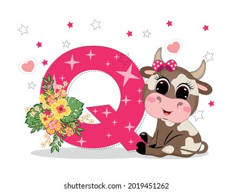 Cute Cartoon little baby beautiful cow girl with letter Q. Perfect for greeting cards, party invitations, posters, stickers, pin, scrapbooking, icons.