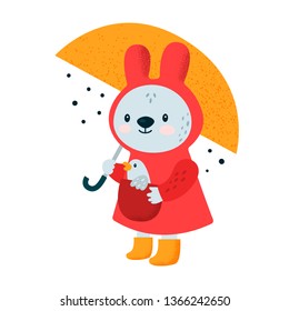 Cute cartoon little baby bunny, bird and umbrella. Summer, spring, autumn rainy weather. Flat Illustration for kids game, book, t-shirt, card, print, poster, decoration and textile. Isolated vector