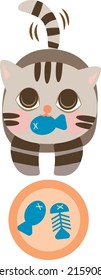 Cute Cartoon Little Baby Cat Icon. Cat standing on the floor. Cat biting and eating fish. Cat with gray color. Cartoon illustration, Vector, EPS10