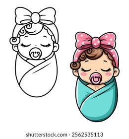 Cute cartoon little baby girl with pacifier. Baby silhouette simple vector illustration cartoon character for logos, signs, icons and design cards, invitations and baby shower