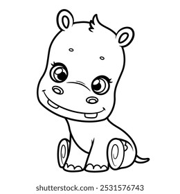 Cute cartoon little baby hippopotamus line drawing coloring book for children. Image produced without the use of any form of AI software at any stage.